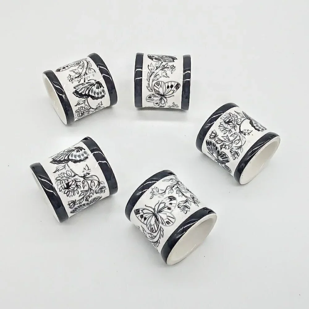Set of 5 Black White Butterfly Porcelain Napkin Rings